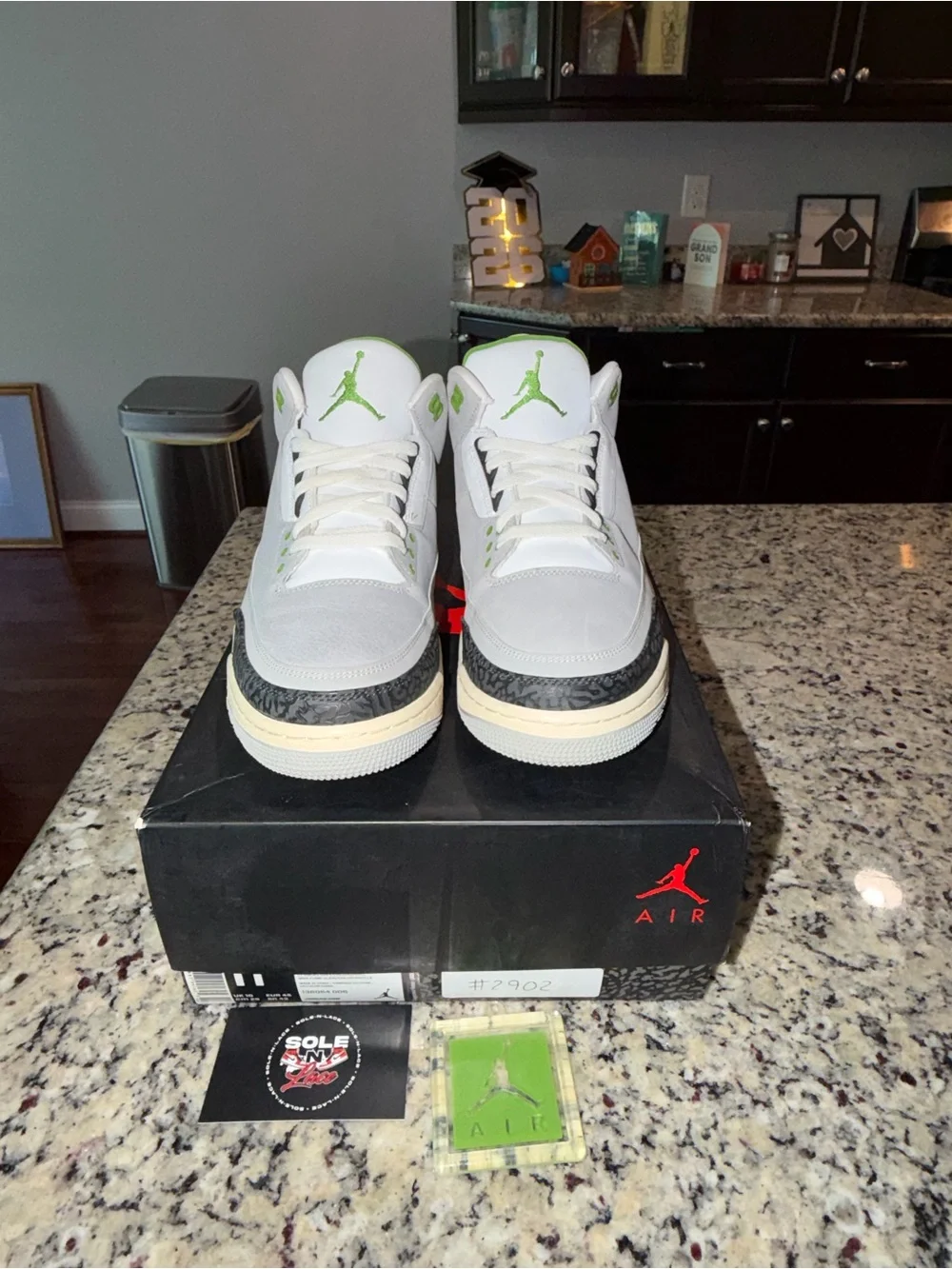 Jordan Retro 3 Sneakers in Light Gray, Black & Green Accents